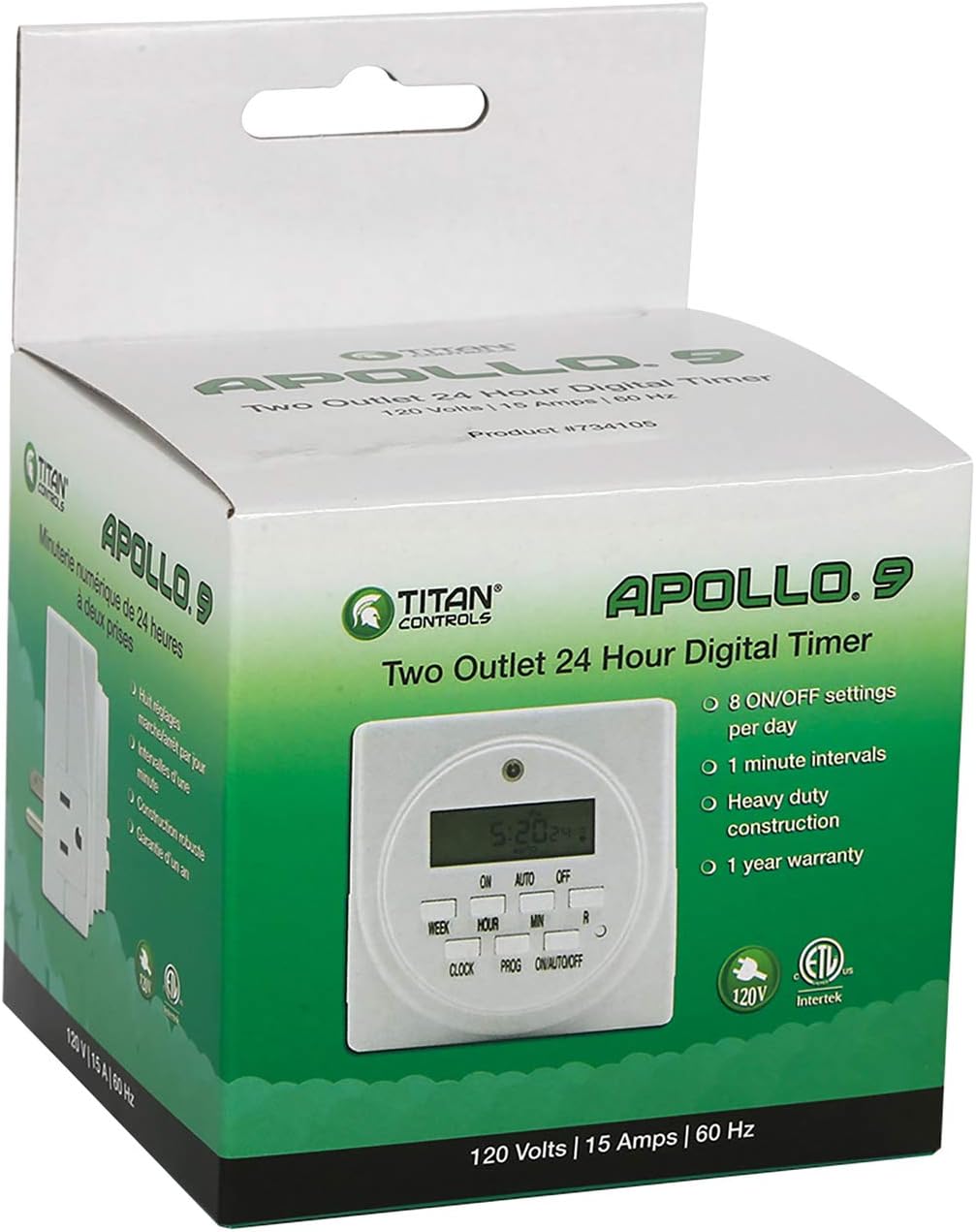 Titan Controls Apollo 9 Digital Timer – Two Outlet, 24-Hour Programmable Timer for Hydroponics (120V)