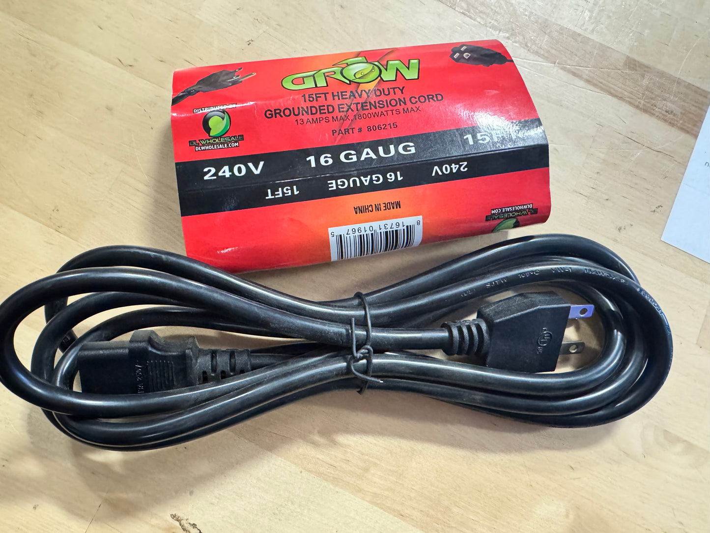 Grow1 240V ballast cord 15ft 16 gauge