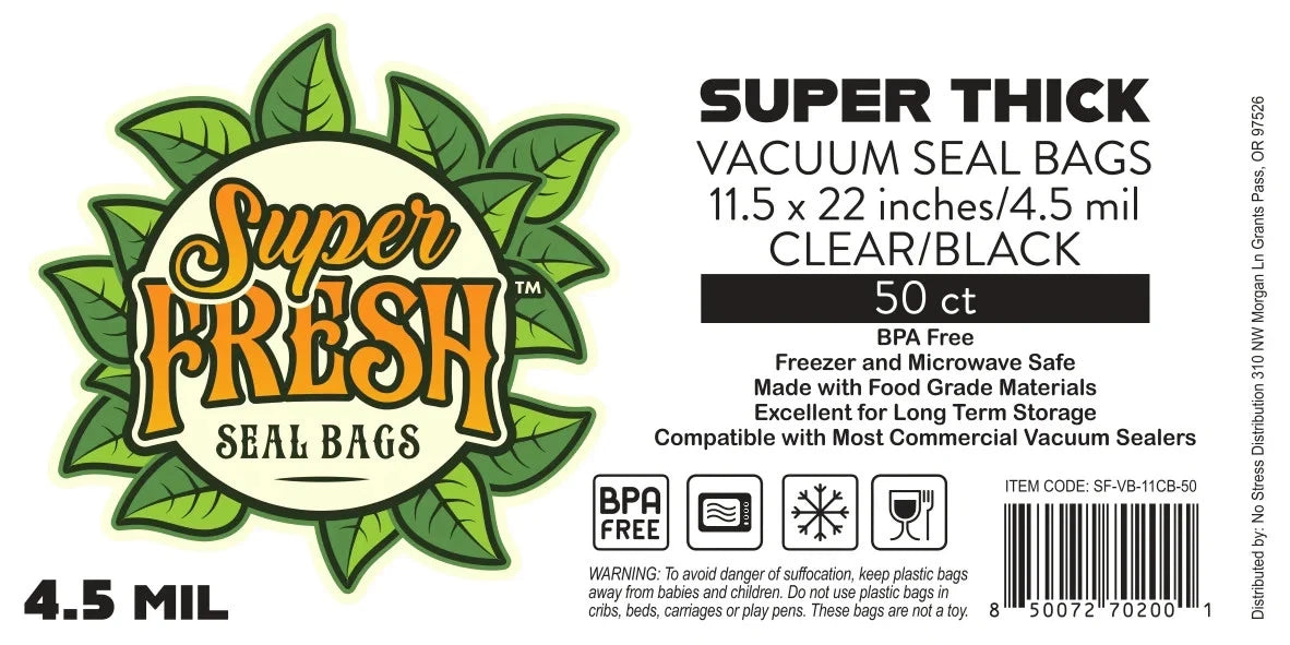 Super Fresh 11.5" x 22" Vacuum Seal Bags – 4.5 Mil Black & Clear (100 Pack) | Heavy-Duty Food Storage & Sous Vide Bags