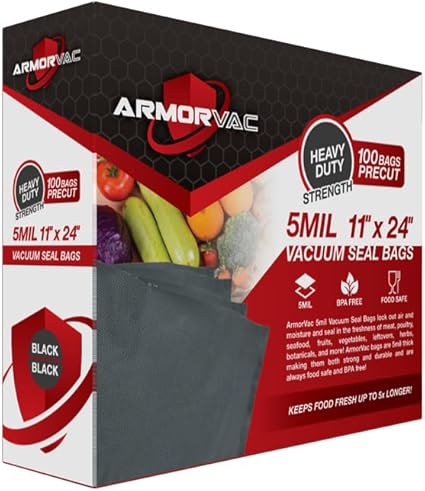 ArmorVac 11” x 24” 5mil Precut Vacuum Seal Bags – 100 Pack | All-Black & Black/Clear | Heavy-Duty Food Storage Bags