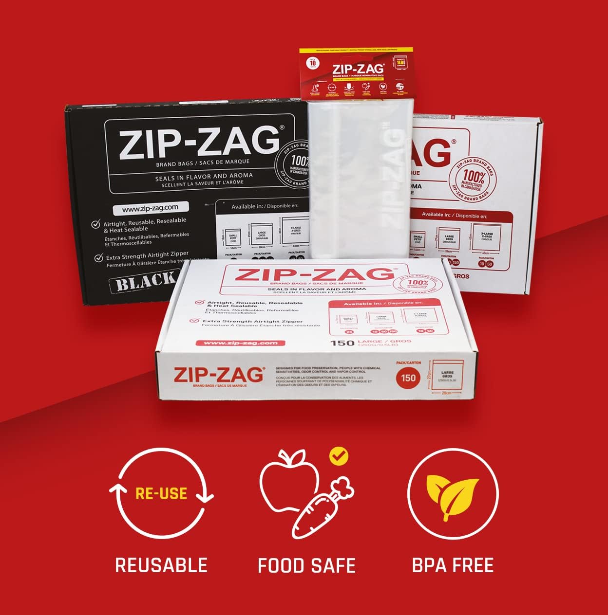 Zip-Zag Large Bags – 150 Pack - 27cm X 28cm | Heavy-Duty Resealable, Reusable, Food-Grade & Smell-Proof Storage Bags