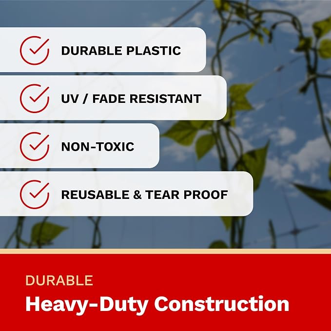 Promotional graphic with four white feature banners over a blue sky and green vine background, listing durable plastic, UV/fade resistant, non-toxic, and reusable tear-proof qualities, plus a red footer reading durable heavy-duty construction.