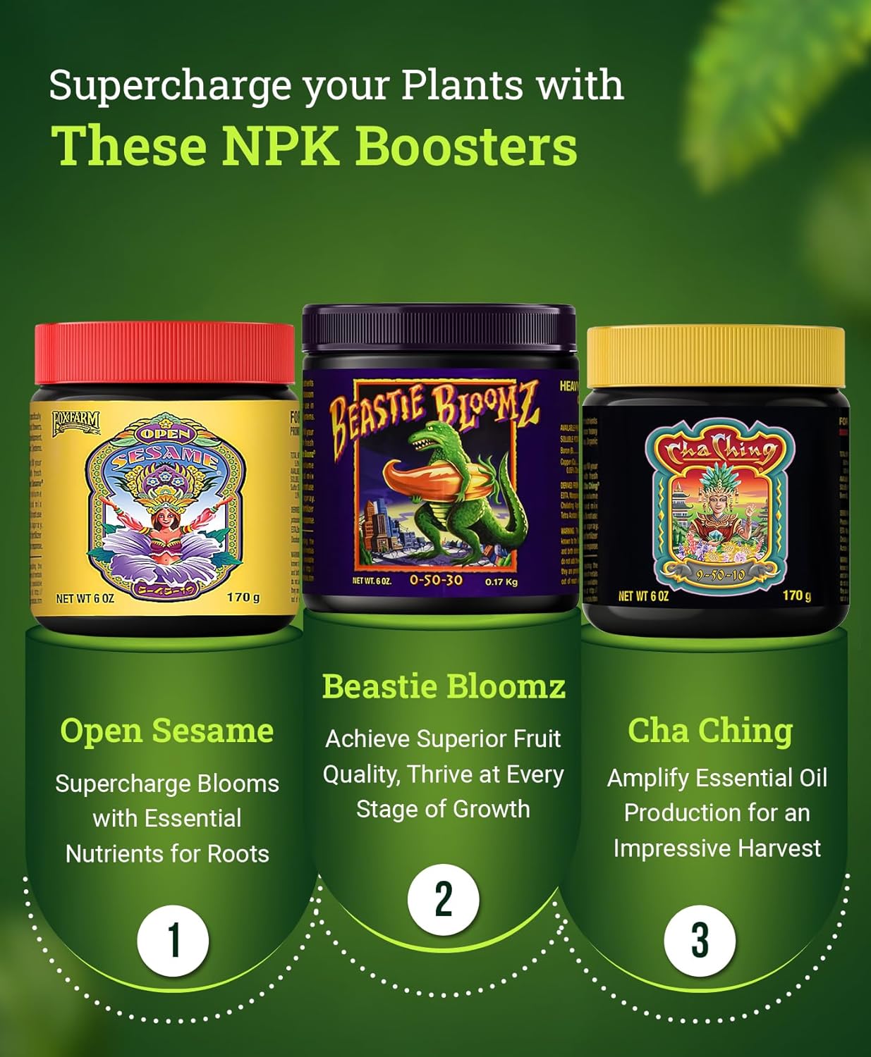 FoxFarm Trio Pack – Open Sesame (5-45-19), Beastie Bloomz (0-50-30), Cha Ching (9-50-10) – 6 oz Each | Bloom Boosters Set