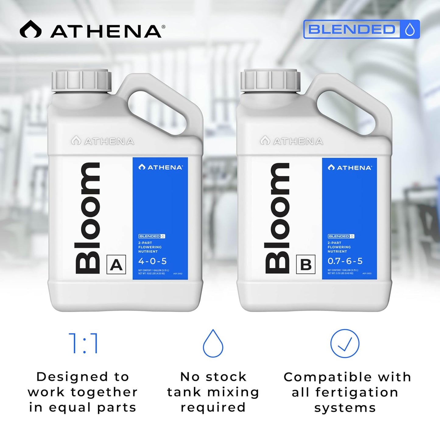 Athena Blended Bloom A&B – 1 Gallon | 2-Part Liquid Bloom Fertilizer (A: 4-0-5, B: 0.7-6-5) for Flowering & Fruiting Plants