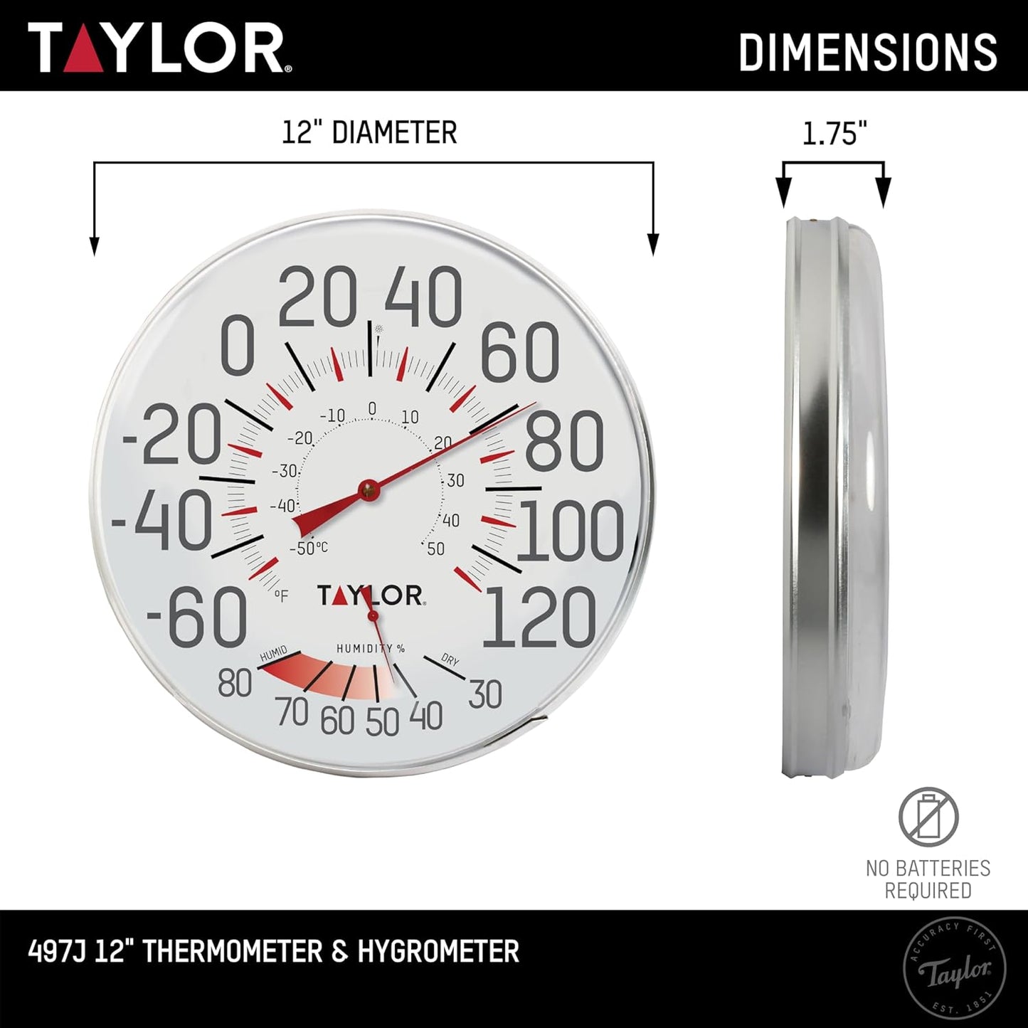 Taylor Precision Products Humidiguide Dial Thermometer – 12-Inch Wall Thermometer & Hygrometer, White