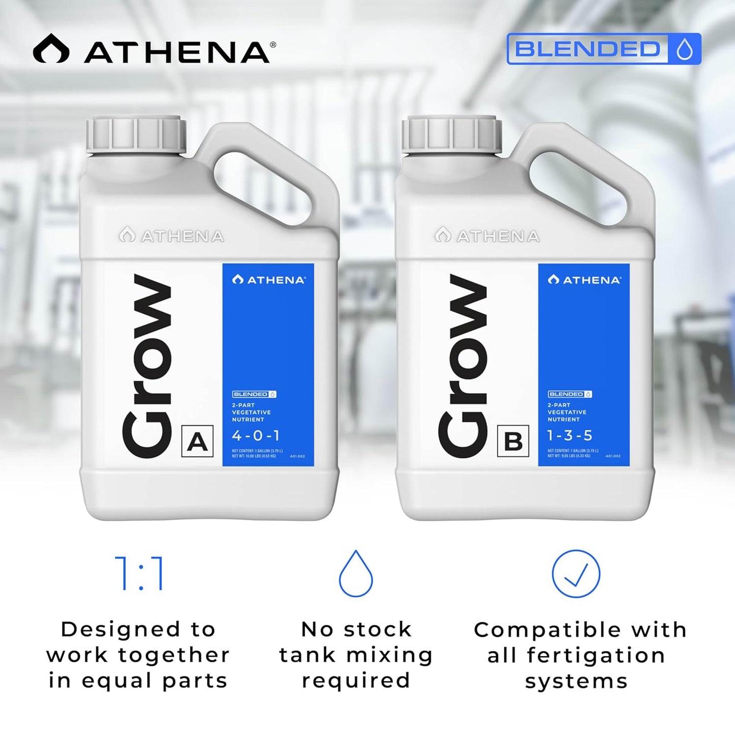 Athena Blended Grow A&B - 2 Part Vegetative Nutrient, Balanced Formula for Vigorous Plant Growth and Non-Flowering Plants | Vegetative Hydroponics Nutrient Solution – 1 Gallon | A 4-0-1 | B 1-3-5