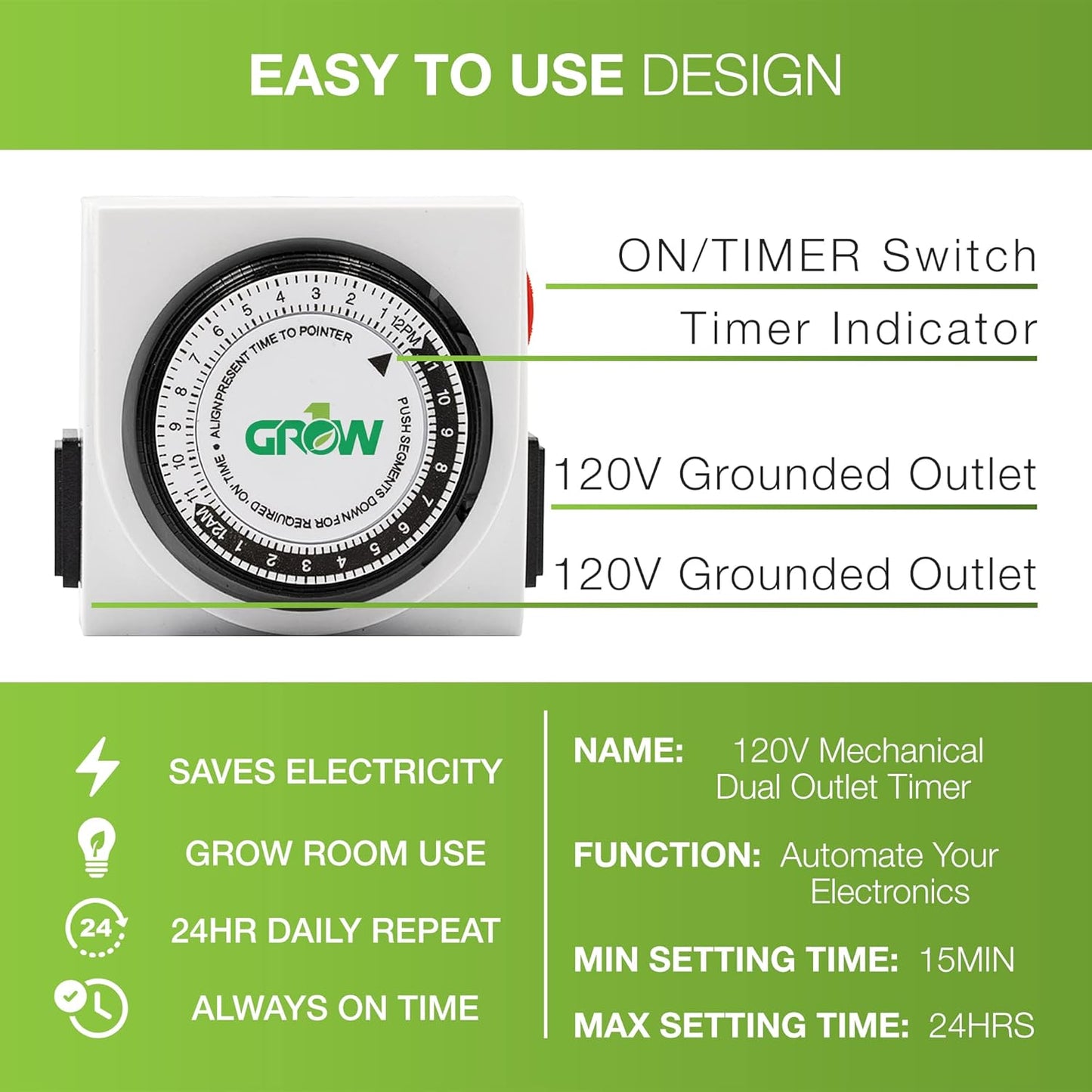 Grow1 Dual Outlet Mechanical Timer | 24-Hour Light & Appliance Control