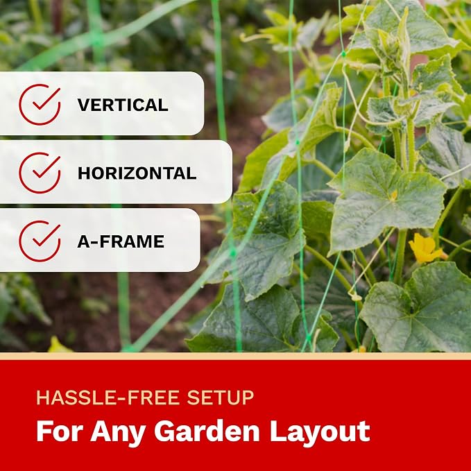 Green garden netting shown in a garden setting with cucumber plants, featuring text overlays indicating vertical, horizontal, and A-frame options, plus a red banner at the bottom that reads 'HASSLE-FREE SETUP For Any Garden Layout'.