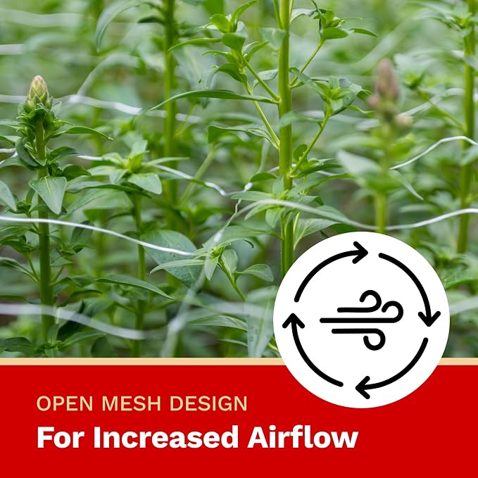 Green plant stems with an open mesh design, shown in a field with a white circular airflow icon and a red banner at the bottom reading 'OPEN MESH DESIGN For Increased Airflow'.