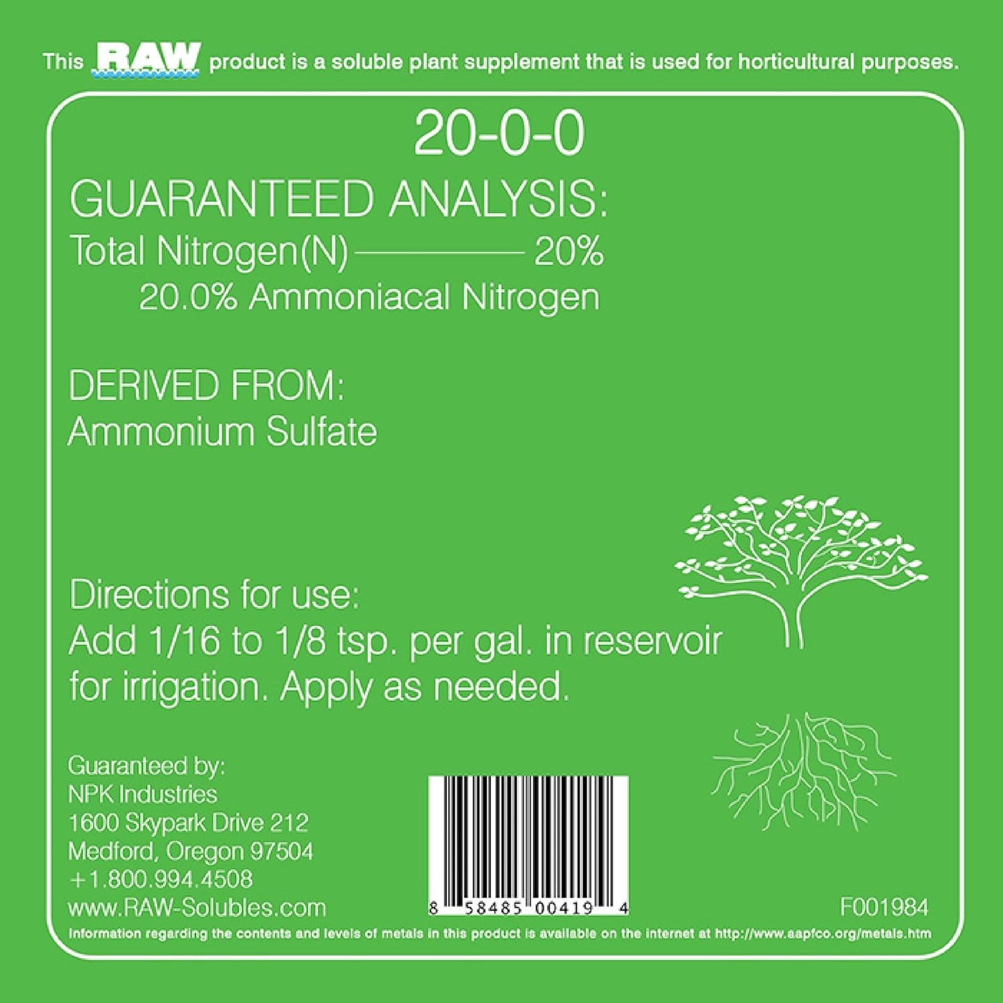 NPK RAW Nitrogen (20-0-0) – 8 oz | Concentrated Plant Nitrogen Supplement for Veg Growth & Chlorophyll Production
