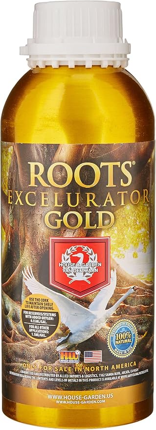 A bottle of Roots Excelsior Gold houseplant nutrient liquid by Rooted in Arizona, featuring a white cap and a label with gold, brown, and red graphics.