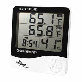 Close-up of UltraGrow Hygrometer digital humidity and temperature display