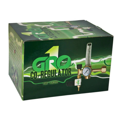 Grow1 CO2 Regulator Kit box showing regulator, gauge, and flow meter